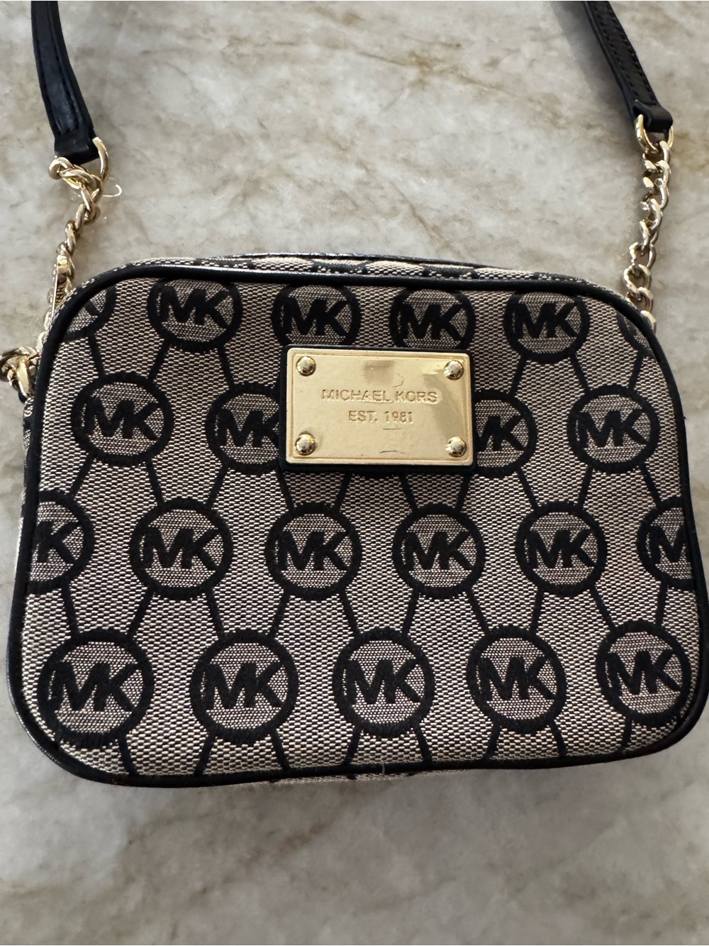 Michael Kors Black & Beige MK Logo Chain Crossbody